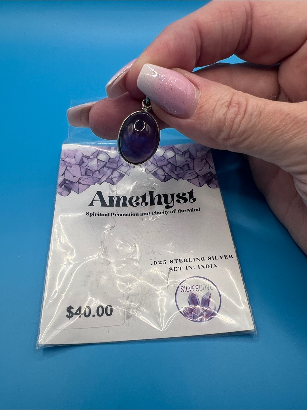 Amethyst Sterling Silver Oval Amethyst Pendant - deep purple